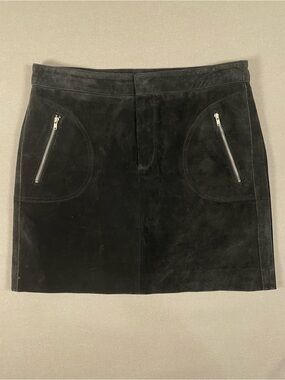 Vintage New Frontier Black Suede Zip Pocket Mini Skirt Size 6 Genuine Leather
